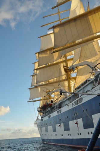 Unfurled sails of the Royal Clipper schooner at Friar's Bay St. Kitts. 