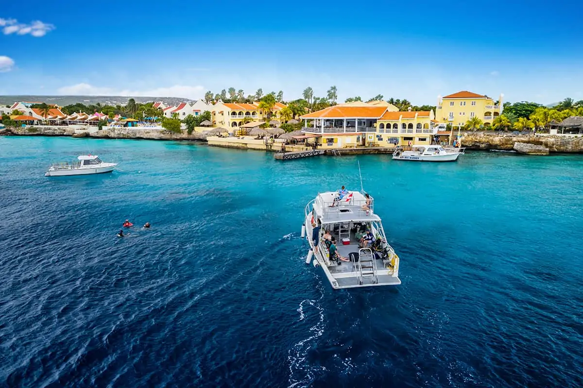 Boat approaching Buddy Dive resort in Bonaire. 