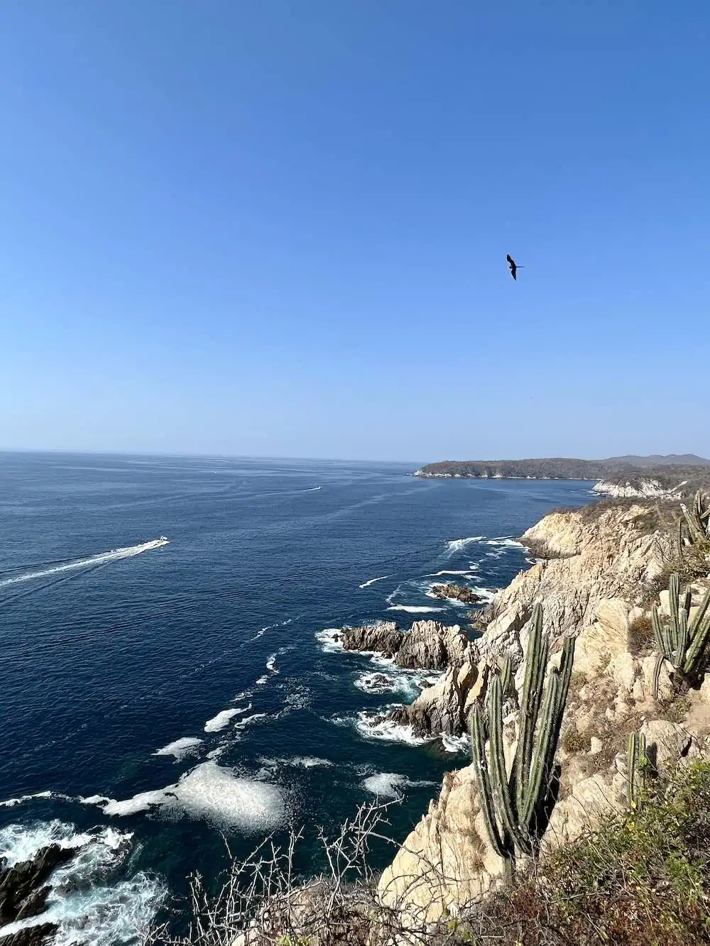 View of a tour boat passing the coastline in Huatulco. 