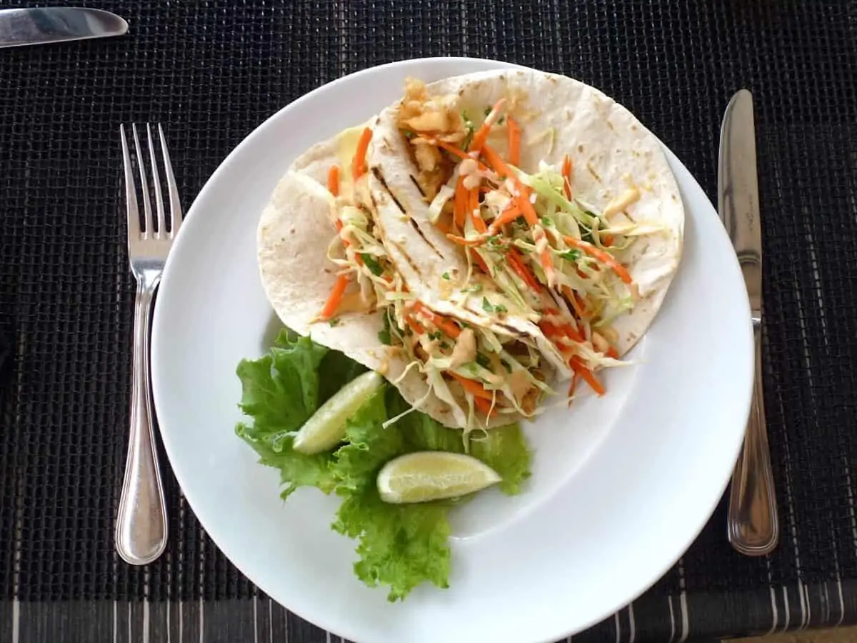 Pair of fish tacos at Blanchard's Beach shack, a family restaurant on Anguilla. 