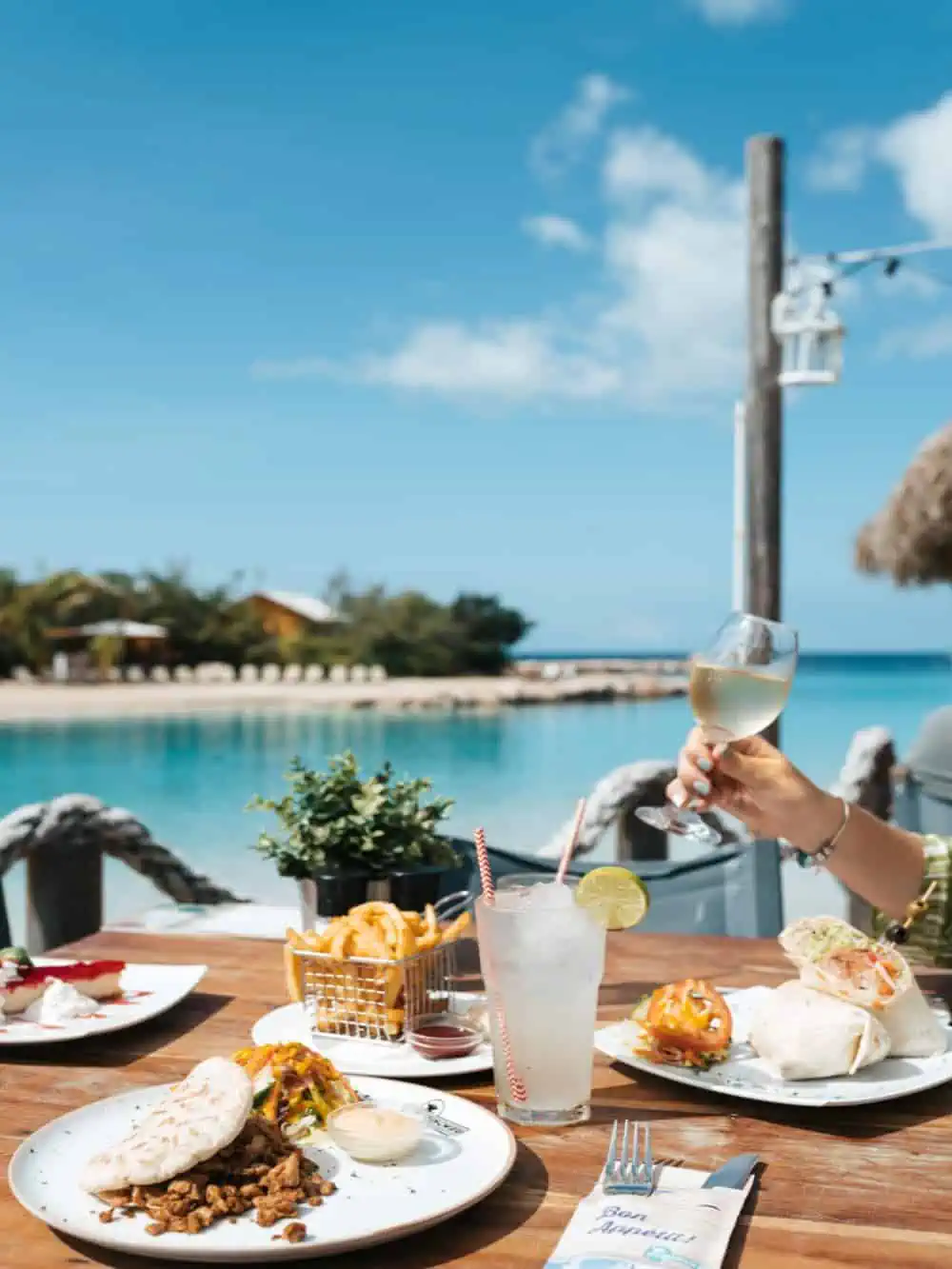 Food at restaurant overlooking ocean.