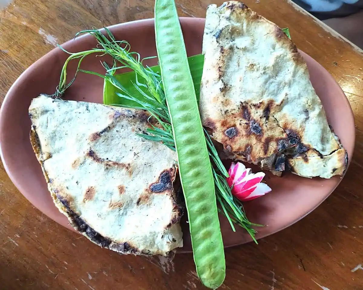 Oaxacan tlayuda with chepiche, guajes and radish.