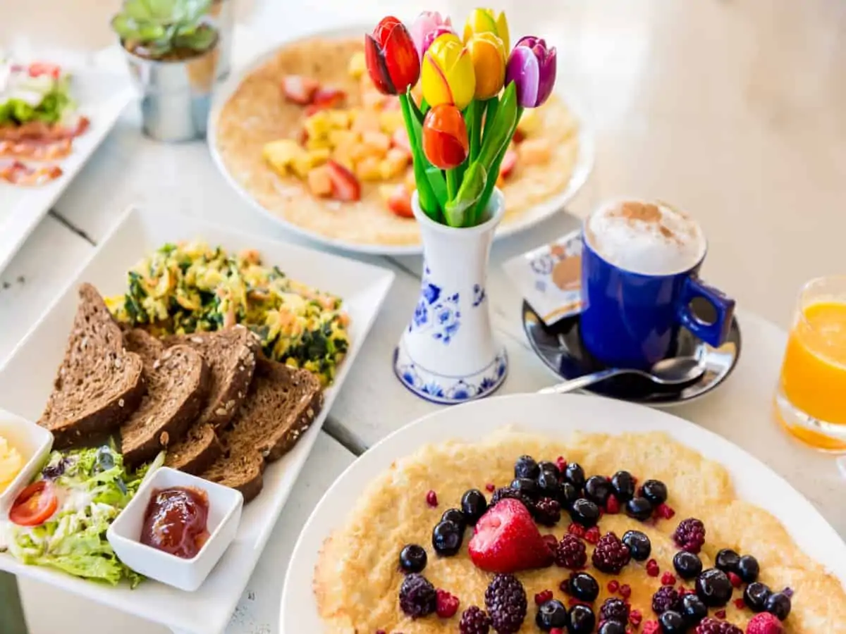 Plates of breakfast food on plates on a table